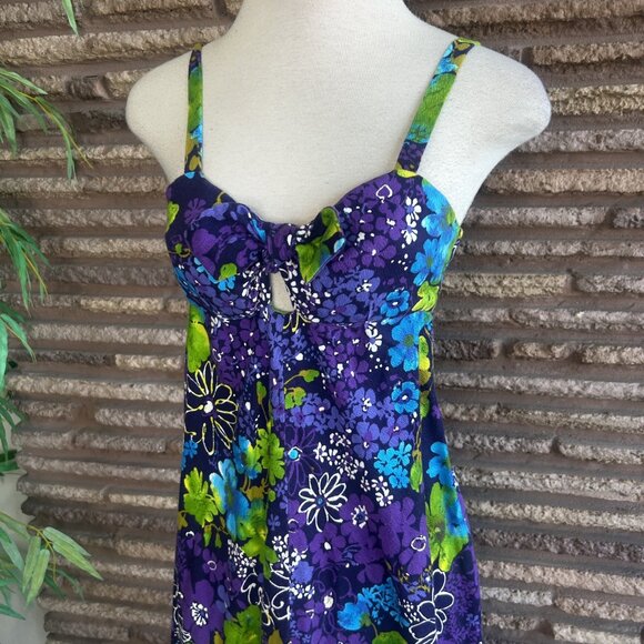 Vintage Hawaiian Floral Rockabilly Tie Front Handmade Maxi Tiki Dress - Picture 8 of 10